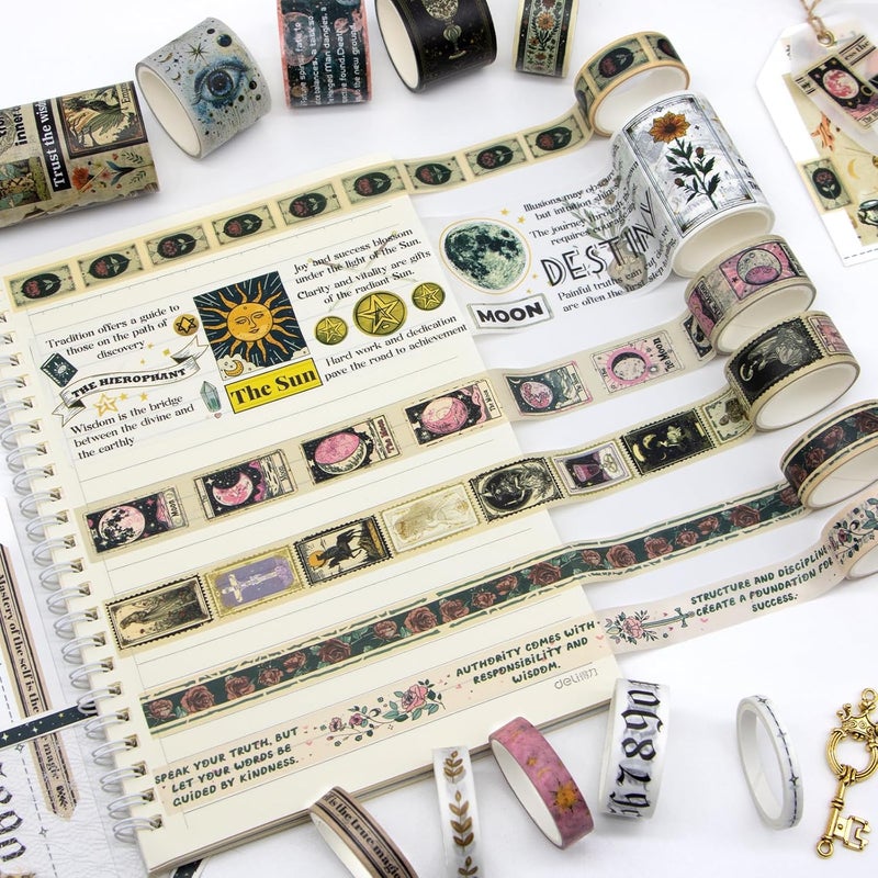 Geesinimo 29 Rolls Washi Tape Set - Tarot Theme Decorative Masking Tape Colored Patterns, Vintage Adhesive Artists Tapes for Journaling Supplies, Diy Crafts, Scrapbooking, Junk Journal Supplies, School Supplies - Image 4